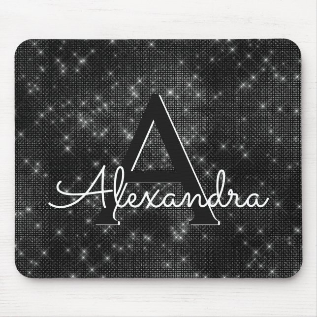 Mousepad de Nome da Girly Monograma Preto Sparkle (Frente)