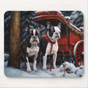 Mousepad Decado de Natal de Boston Terrier Snowy Sleigh