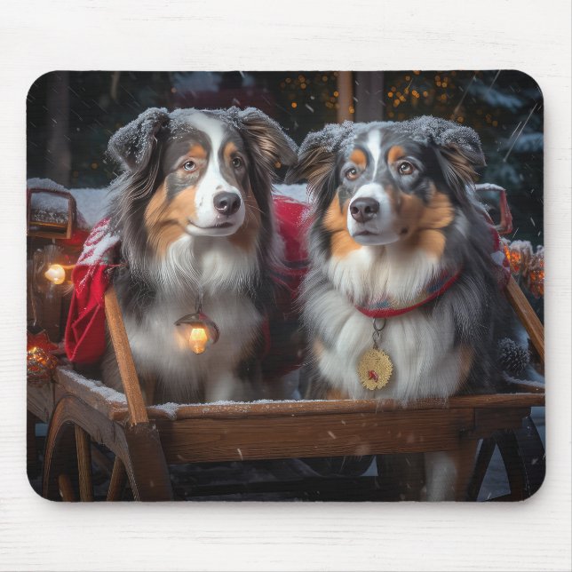 Mousepad Decoração de Natal Australian Shepherd Snowy Sleig (Frente)