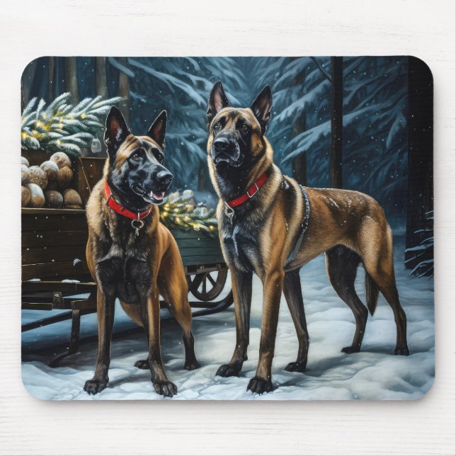 Mousepad Decoração de Natal belga Malinoi Snowy Sleigh (Frente)