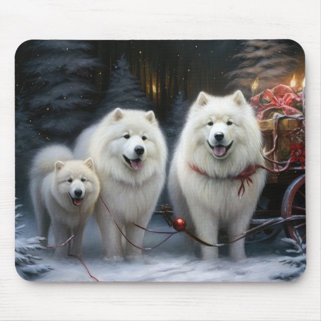 Mousepad Decoração de Natal com Trenó de Neve Samoyed (Frente)