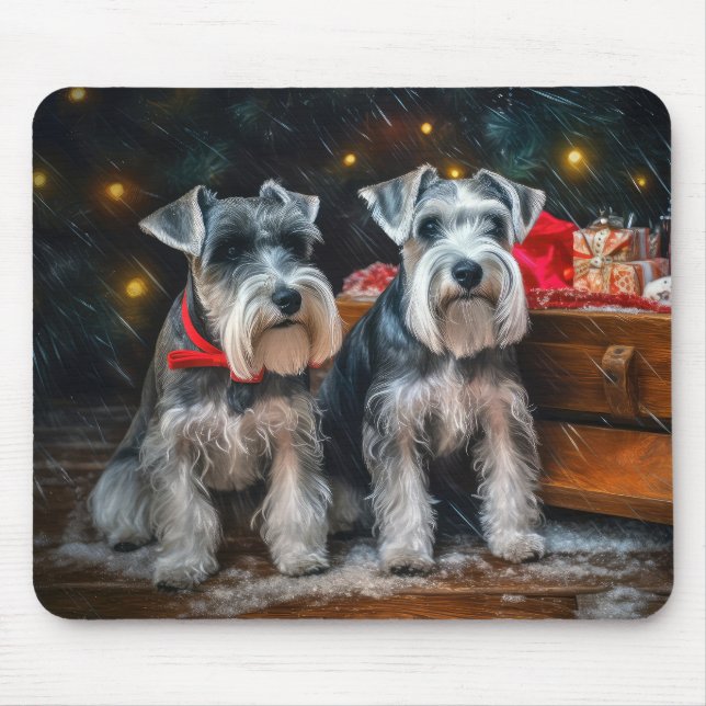 Mousepad Decoração de Natal de Schnauzer Snowy Sleigh (Frente)