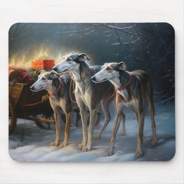 Mousepad Decoração de Natal Greyhound Snowy Sleigh (Frente)