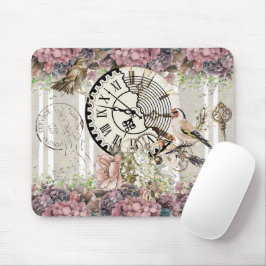 Mousepad Decoratived vintage clock Floral and birds pink