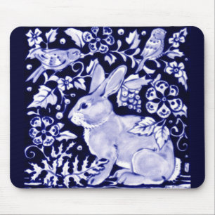 Mousepad Dedham Blue Rabbit, Classic Blue & White Design 