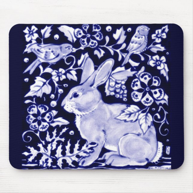 Mousepad Dedham Blue Rabbit, Classic Blue & White Design  (Frente)