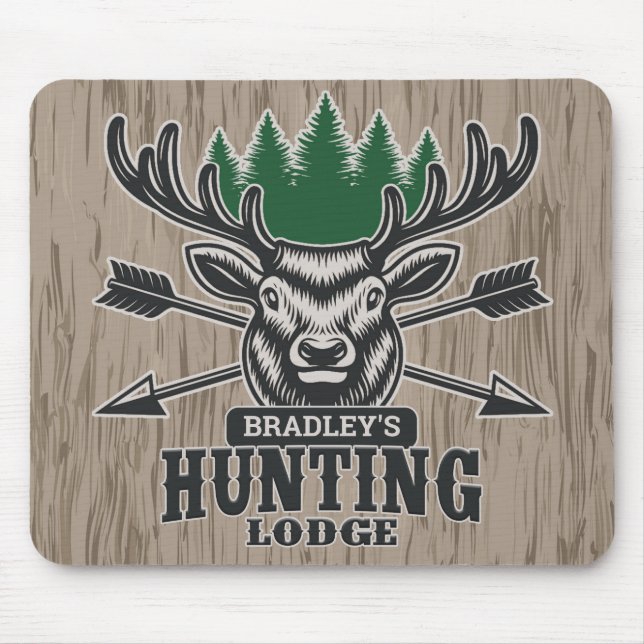 Mousepad Deer Elk Hunter ADD NAME Arco Hunting Lodge Cabin (Frente)