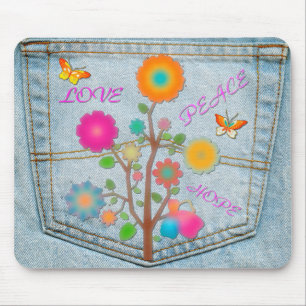 Mousepad Denim Back Pocket Flowers Peace Love Hope
