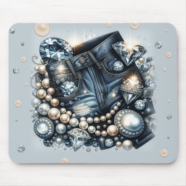 Mousepad Denim Diamantes & Pérolas Jeans Brilho (Frente)
