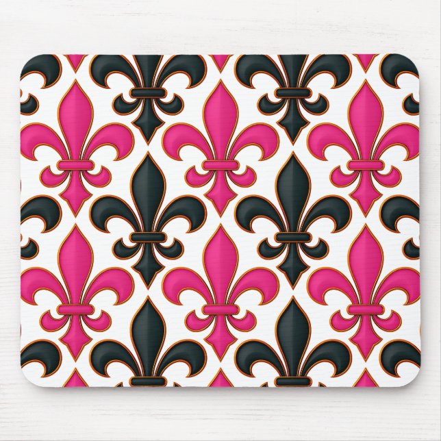 Mousepad Desenho de padrão Barroco Preto Rosa Fleur-de-lis  (Frente)
