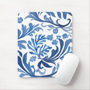 Mousepad Desenho Floral Azul e Branco Padrão Chinoiserie