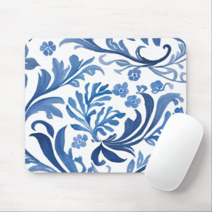 Mousepad Desenho Floral Azul e Branco   Padrão Chinoiserie