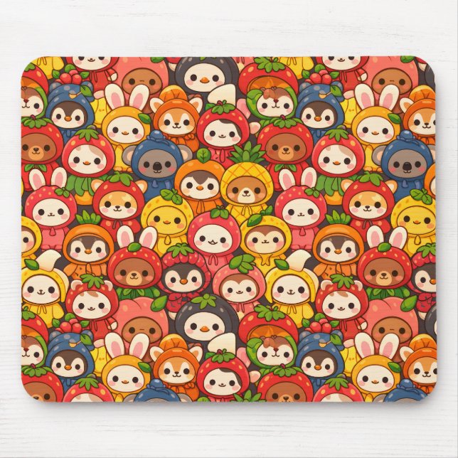 Mousepad Desfile de Amigos Frutas | Chibi Animal Fofo (Frente)