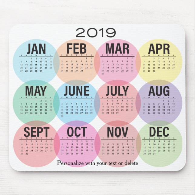 Mousepad Design colorido do mês de 2019 calendários (Frente)