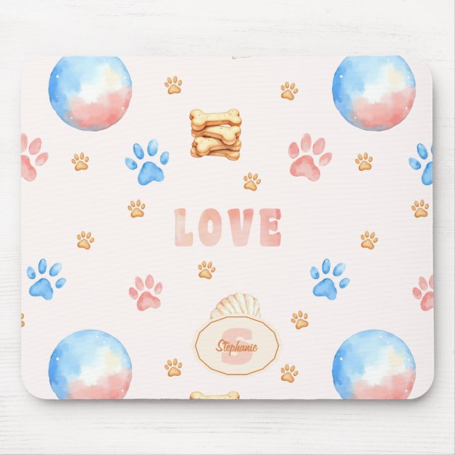 Mousepad Design de Aquarela "LOVE" com impressões de pata d (Frente)