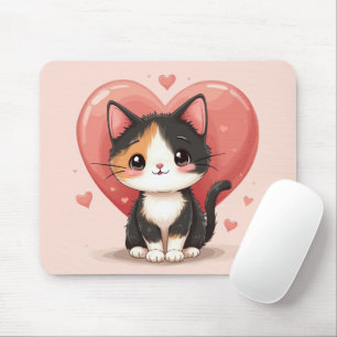 Mousepad Design de Coração de Gato Calico Kawaii para o Dia
