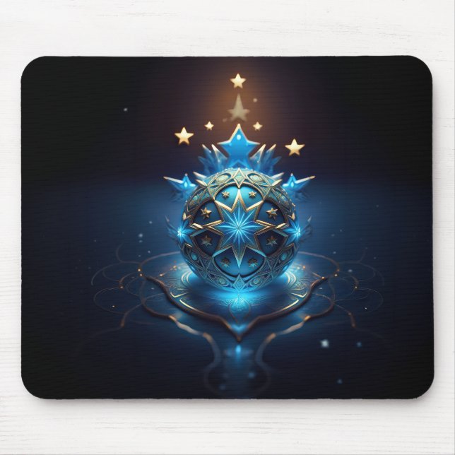 Mousepad Design de Fractal Branco Azul Com Estrelas (Frente)
