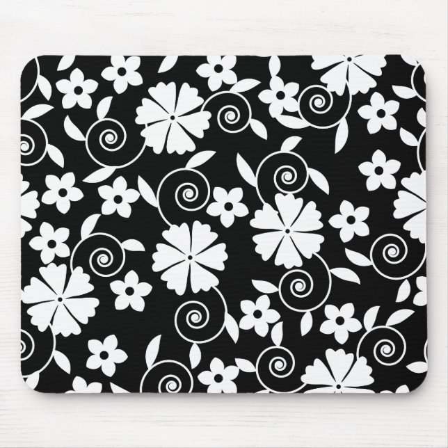 Mousepad Design de fundo das flores brancas e pretas, branc (Frente)