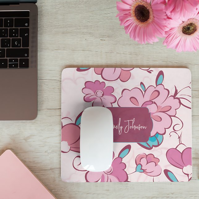 Mousepad Design de Monograma Floral Rosa Claro Turquesa com (Soft Pink Teal Floral Monogram Design Custom Name Mouse Pad)