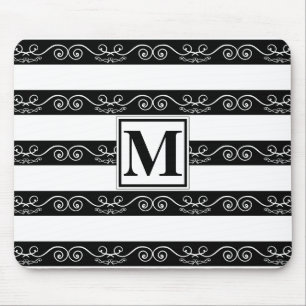 Mousepad Design de monograma listrado branco preto