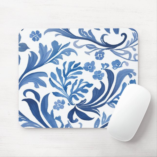 Mousepad Design Floral Azul e Branco | Padrão de Chinoiseri (Com mouse)
