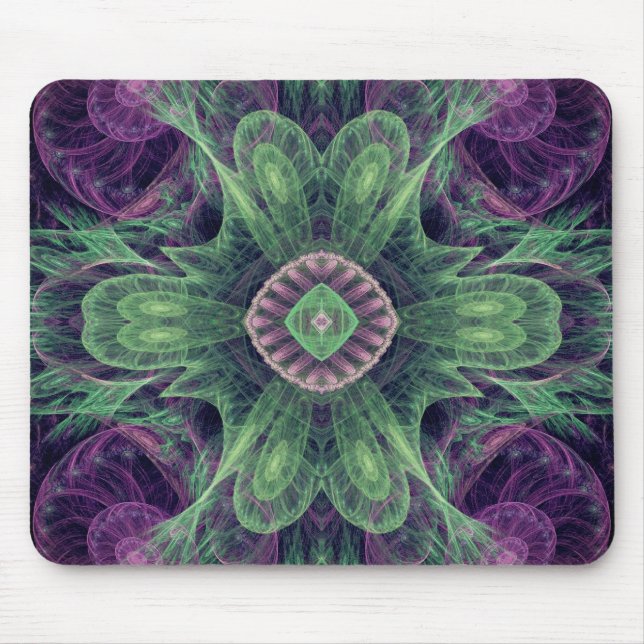 Mousepad Design Moderno Abstrato Fractal Roxo e Verde (Frente)