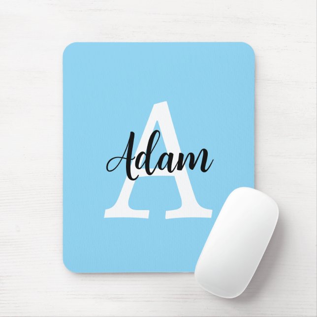 Mousepad Design Personalizado com Nome e Monograma Azul em  (Com mouse)