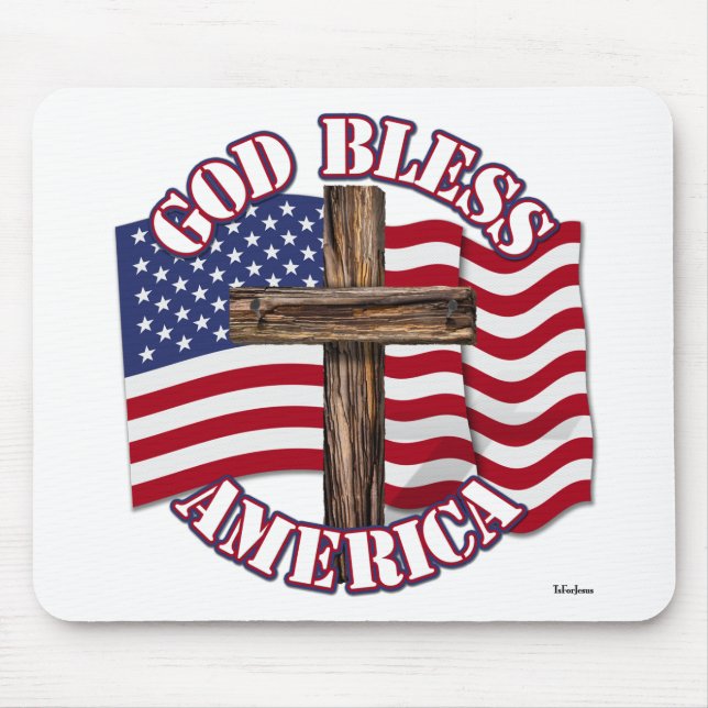 Mousepad Deus abençoe americano com bandeira e cruz dos EUA (Frente)