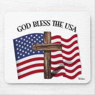 Mousepad DEUS ABENÇOE OS EUA com cruz rústica e bandeira do