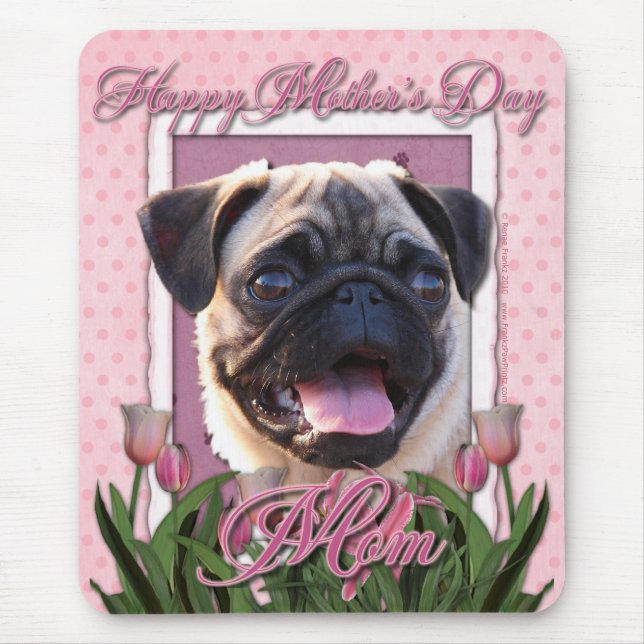 Mousepad Dia das mães - tulipas cor-de-rosa - Pug (Frente)