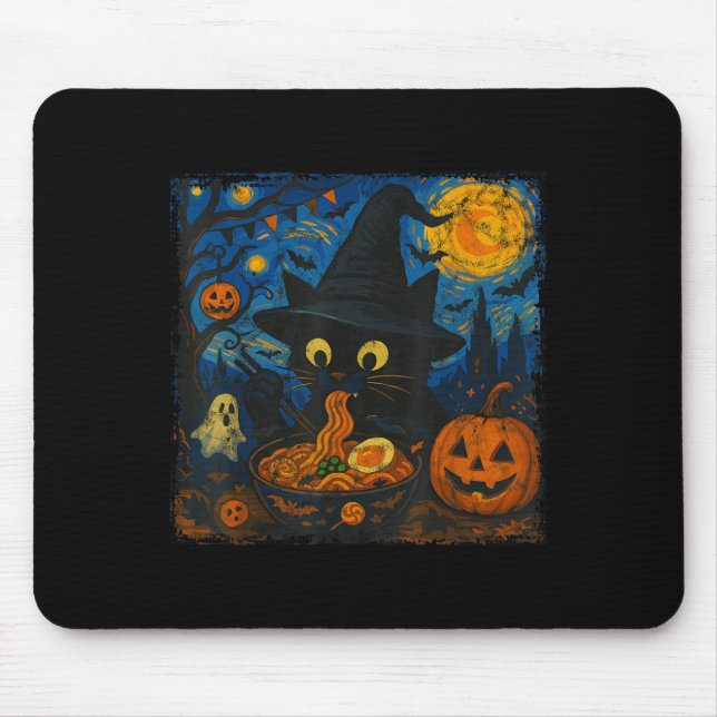 Mousepad Dia de as Bruxas engraçado Negro Gato Comendo Rame (Frente)
