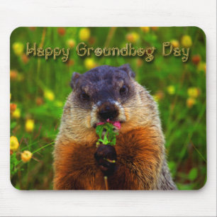 Mousepad Dia de Groundhog feliz que come a flor