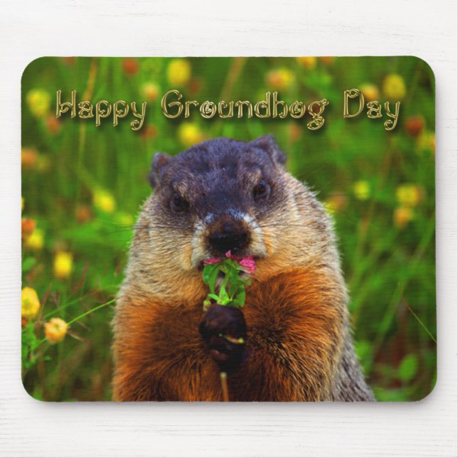 Mousepad Dia de Groundhog feliz que come a flor (Frente)