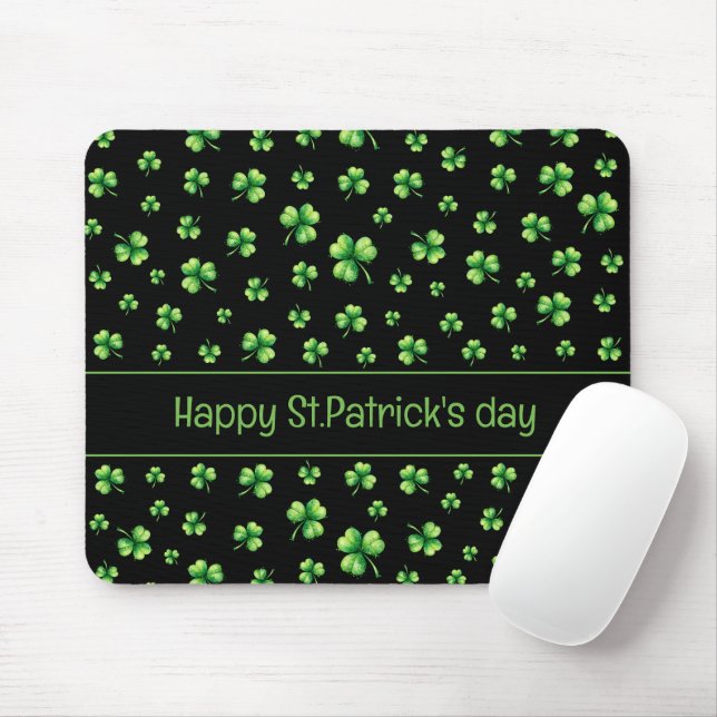 Mousepad Dia de São Patrício Aquarela Trevo em preto (Com mouse)