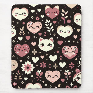 Mousepad Dia dos Namorados Kawaii Gatos Corações Padrão de 