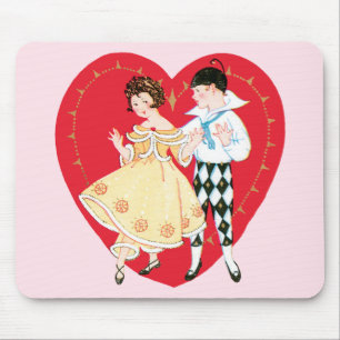 Mousepad Dia dos Namorados Retrô, Arlequim e Coração Vintag