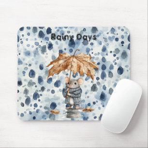 Mousepad Dias Chuvosos Rato Azul Folha Guarda-Chuva