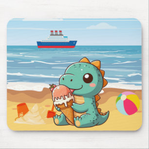 Mousepad Dinô bonito comendo sorvete na praia