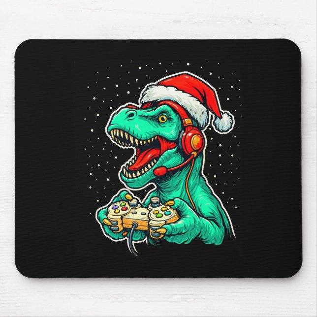 Mousepad Dinosaur T Rex Playing Video Game Santa Hat Christ (Frente)
