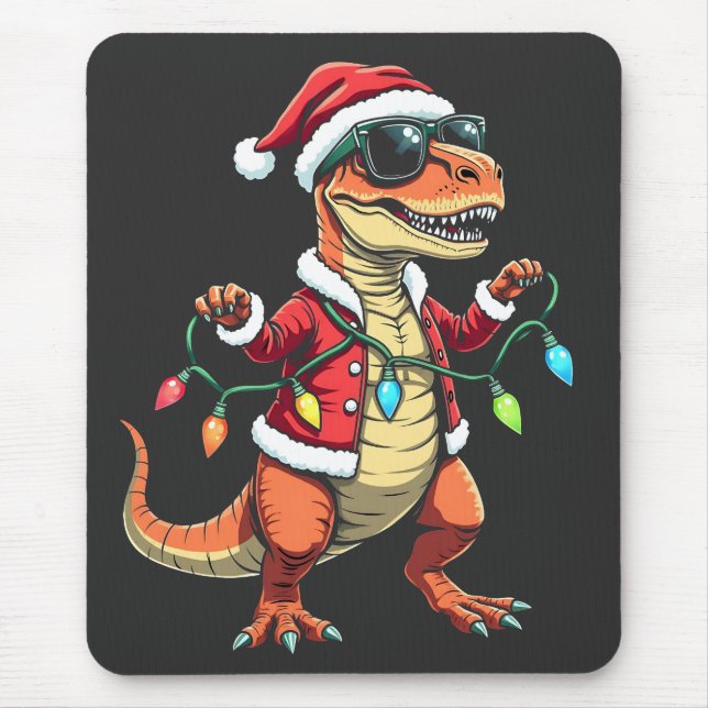 Mousepad Dinossauro Envolvido com Luzes de Natal Santa Hat (Frente)