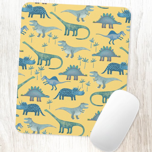 Mousepad Dinossauros Cons Amarelo Sol (Fun dinosaur pattern yellow art mousemat)