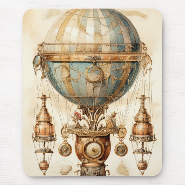 Mousepad Dirigible Mecânico Antigo Globo Azul Sepia (Frente)