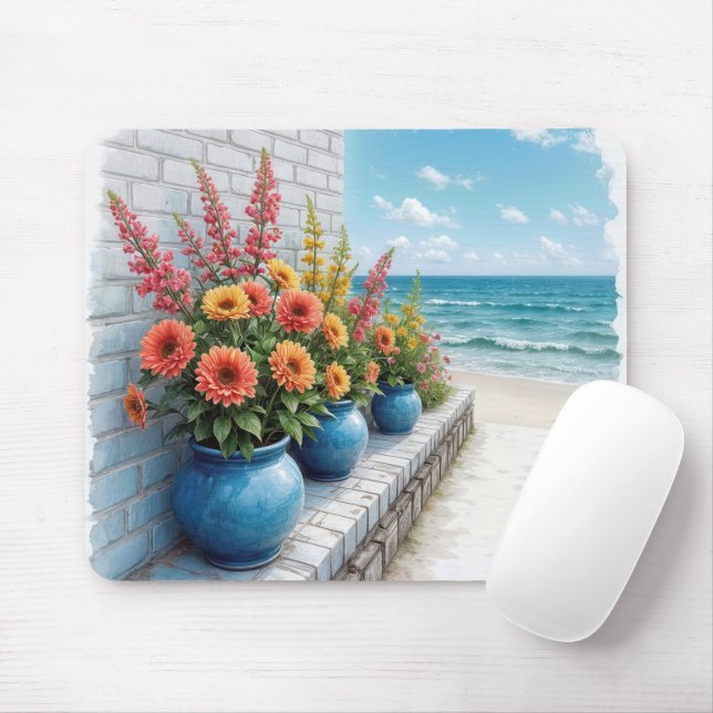 Mousepad Dírios de Praia em Tons de Aguarela em Vasos Azuis (Com mouse)