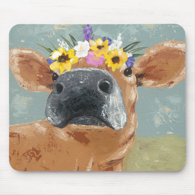 Mousepad Diversão da fazenda - Vaca com Coroa Flor (Frente)