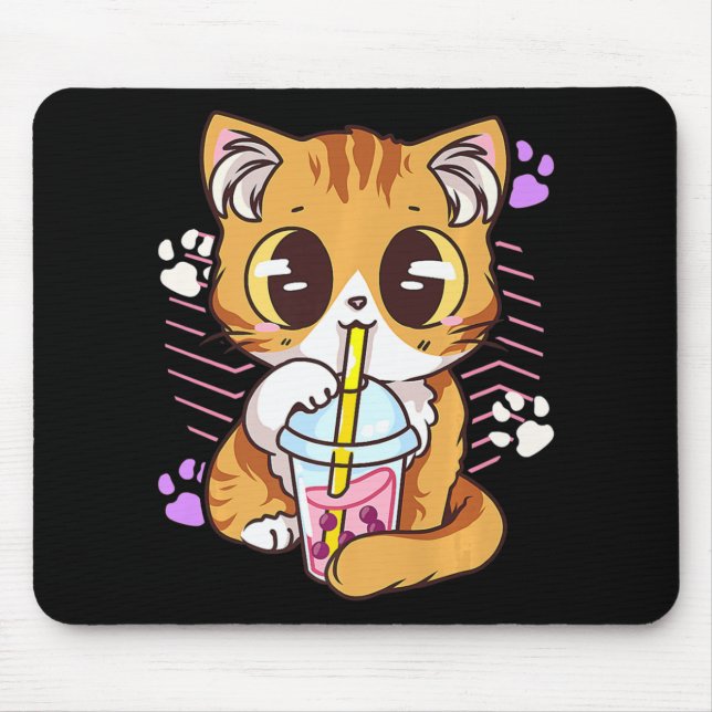 Mousepad Diversão Kawaii Cute Cat Boba Bubble milk Tea Anim (Frente)