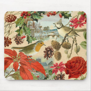 Mousepad do natal vintage com pássaros e a flor