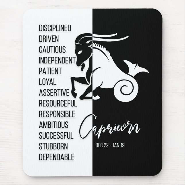 Mousepad do Signo de Capricórnio, Preto e Branco (Frente)