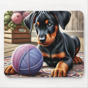 Mousepad Doberman Pinscher Puppy com Yarn Ball num tapete