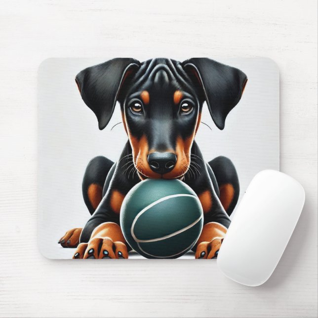 Mousepad Doberman Pinscher Puppy Segurando uma Bola (Com mouse)