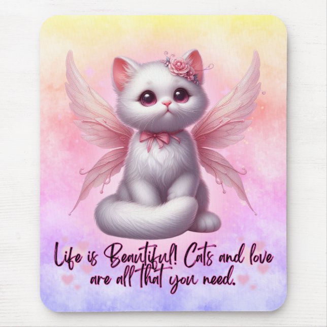 Mousepad Doce anjo gatinho com asas a vida é bela (Frente)